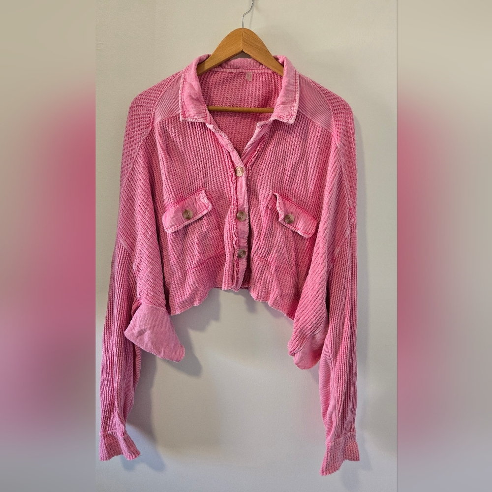 Free People Pink Cropped Waffle Knit Button-Up Shirt - Picture 2 of 5